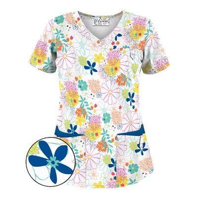 UA Floral Comfort White Print Scrub Top