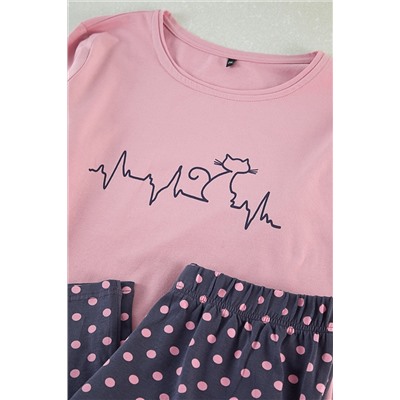 Çok Renkli Puantiye ve Kedi Desenli Örme Pijama Takımı TBBAW25AI00086