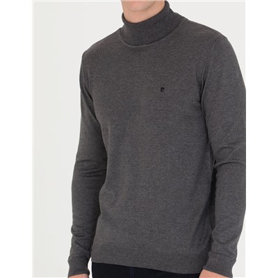 Gri Melanj Slim Fit Balıkçı Yaka Basic Triko Kazak