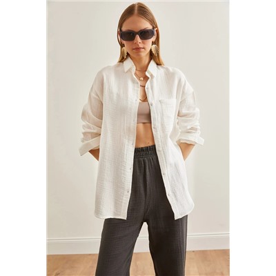 Olalook, Kadın Ekru Oversize Basic Müslin Gömlek GML-19001217