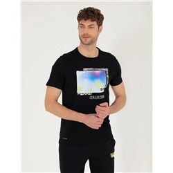 Siyah Slim Fit Baskılı Bisiklet Yaka Tişört