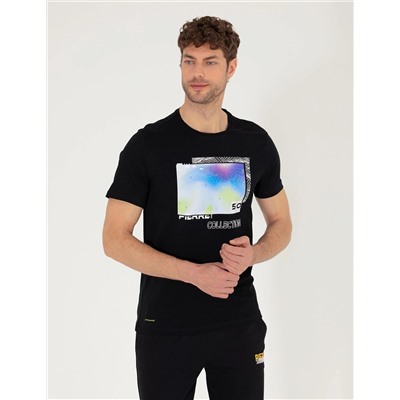Siyah Slim Fit Baskılı Bisiklet Yaka Tişört