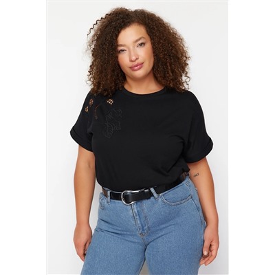 Siyah Brode Detaylı Basic %100 Pamuk Örme T-shirt TBBSS24BF00055