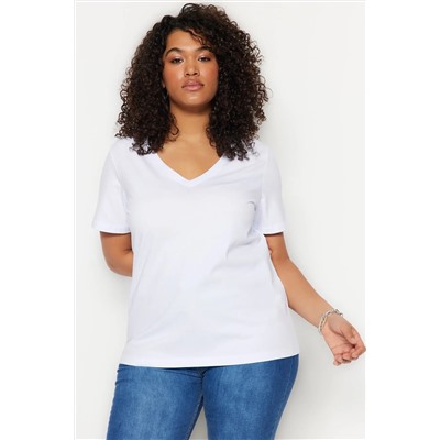 Beyaz V Yaka Basic %100 Pamuk Örme T-Shirt TBBSS22BF0028