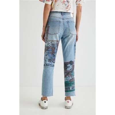 Pantalón vaquero straight cropped Mickey Mouse