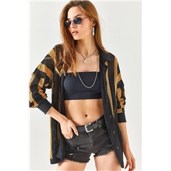 Olalook Kadın Camel Siyah Çizgili Oversize Pamuk Triko Gömlek GML-19001128