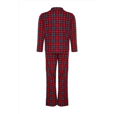 Kırmızı Ekoseli Gömlek Yaka Yumuşak Tuşe Örme Pijama Takımı TBBAW24AI00033