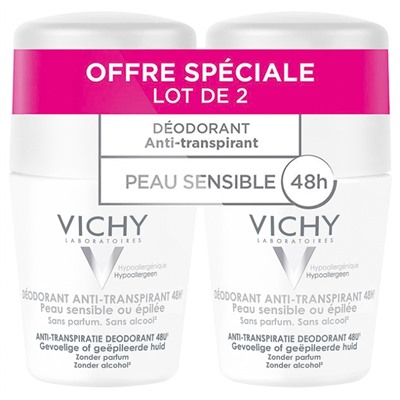 Vichy Deodorant Anti-Transpirant 48h Roll-On für Empfindliche oder Epilierte Haut 2 x 50 ml