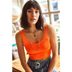 Olalook, Kadın Turuncu Askılı Eteği Detaylı Triko Bluz BLZ-19001363