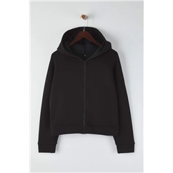 Siyah Kapüşonlu Oversize Crop Boy Büyük Beden Sweatshirt TBBAW26AO00030