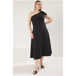 Trendyol Curve Siyah Fiyonklu Tek Kol Midi Dokuma Büyük Beden Elbise TBBSS25AH00054