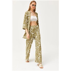 Olalook, Kadın Etnik Haki Üst Kimono Alt Cepli Pantolon Takım TKM-19000276