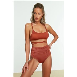 Trendyolmilla Kahverengi Drapeli Yüksek Bel Hipster Bikini Altı TBESS21BA0178