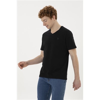 Erkek Regular Fit V Yaka Siyah Basic Tişört