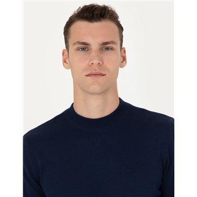 Açık Lacivert Slim Fit Çeyrek Yaka Basic Triko Kazak