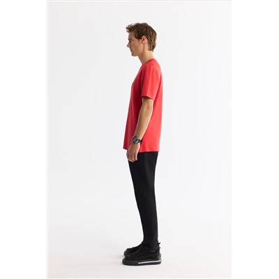 Kırmızı Bisiklet Yaka Elastan İnterlok T-Shirt