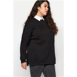 Siyah Kalın İçi Polarlı Yırtmaçlı Oversize/Bol Kesim Örme Büyük Beden Sweatshirt TBBAW24AO00003