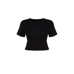Siyah Crop Bisiklet Yaka Örme Büyük Beden T-Shirt TBBSS22TS2107
