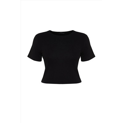 Siyah Crop Bisiklet Yaka Örme Büyük Beden T-Shirt TBBSS22TS2107