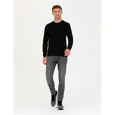 Siyah Slim Fit Bisiklet Yaka Triko Kazak