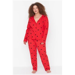 Kırmızı Kalpli Gömlek Yaka Örme Pijama Takımı TBBAW23AI00019