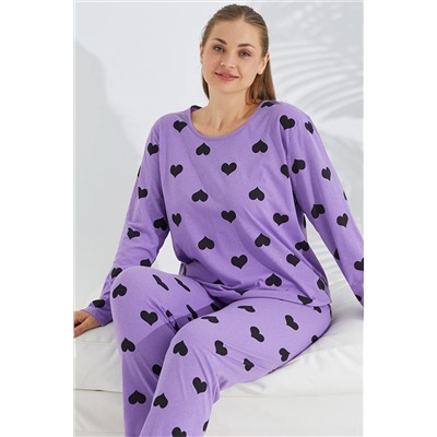Siyah İnci lila kalp desen Curve Büyük Beden Battal boy Pamuklu Pijama Takımı TYCPI7TEPN169424891918629