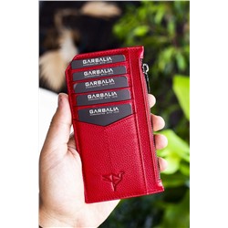 Garbalia, Unisex Kırmızı Blush Hakiki Deri Fermuarlı  Kartlık Cüzdan