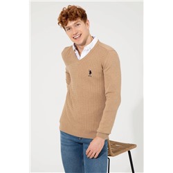 Erkek Camel Melanj V - Yaka Basic Triko Kazak