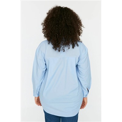 Mavi Loose Fit Pamuklu Uzun Kol Büyük Beden Dokuma Gömlek TBBSS22GO0323