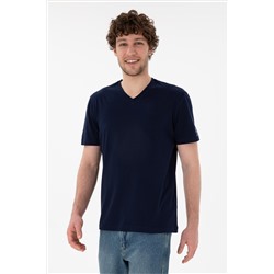 Erkek Regular Fit  V Yaka Lacivert Basic Tişört