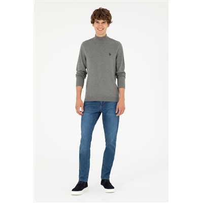Erkek Slim Fit Yarım Boğazlı Gri Melanj Basic Kazak