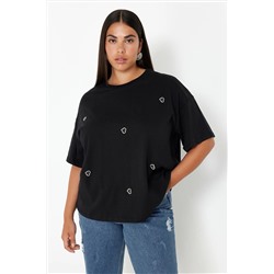 Siyah Kalp Aksesuar Detaylı Oversize %100 Pamuk Örme T-shirt TBBSS24BF00008