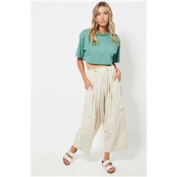 Pantalón wide leg cargo 7/8 cintura alta - Beige