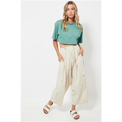 Pantalón wide leg cargo 7/8 cintura alta - Beige