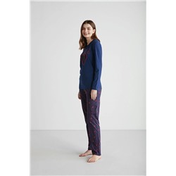 U.S. Polo Assn. Kadın %100 Pamuklu Lacivert & Kırmızı Kalp Desenli Düz Paça Yuvarlak Yaka 2'li Pijama Takımı 26967