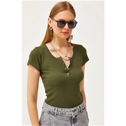 Olalook, Kadın Haki Çıtçıtlı Kaşkorse T-Shirt BLZ-19000171