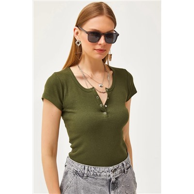 Olalook, Kadın Haki Çıtçıtlı Kaşkorse T-Shirt BLZ-19000171