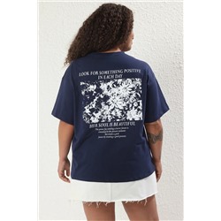 Lacivert Oversize Fit %100 Pamuk Ön ve Arka Baskılı Örme Büyük Beden T-Shirt TBBSS25BF00002