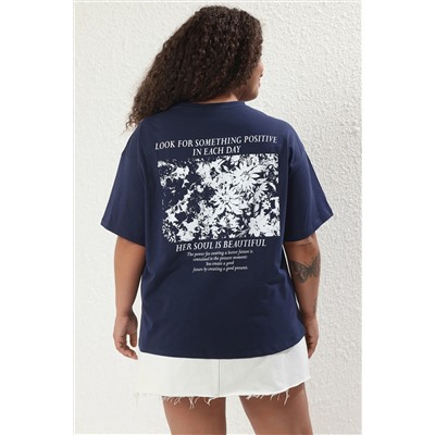 Lacivert Oversize Fit %100 Pamuk Ön ve Arka Baskılı Örme Büyük Beden T-Shirt TBBSS25BF00002
