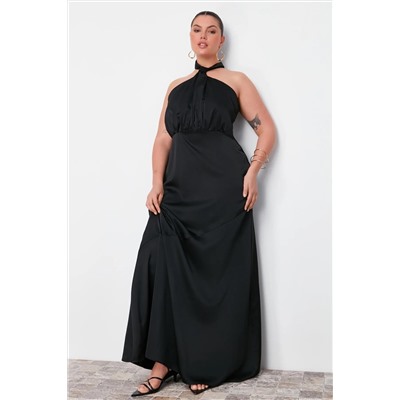 Siyah Halter Yaka Saten Maxi/Uzun Boy Büyük Beden Party/Mezuniyet/Abiye Elbise TBBSS24AH00150