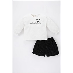 Defacto Kız Bebek Kalp Baskılı Uzun Kollu Tişört Tweed Şort 2'li Takım B2342A523WN