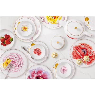 Пара чайная, 1 перс, 2 пр, 250 мл, фарфор F, белая, с золотистым кантом, Мак, Flowers, 60491