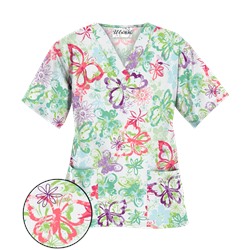UA Splashy Butterflies White V-Neck Print Scrub Top