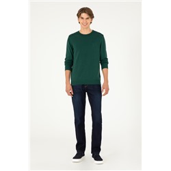 Erkek Slim Fit Bisiklet Yaka Yeşil Basic Kazak