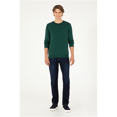 Erkek Slim Fit Bisiklet Yaka Yeşil Basic Kazak