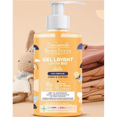 BeauTerra Bébé - Gel Lavant Certifié BIO - Non Parfumé - Corps & Cheveux 750 mL