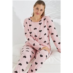 Siyah İnci somon kalp desen Curve Büyük Beden Battal boy Pamuklu Pijama Takımı TYCPI7TEPN169424891918629