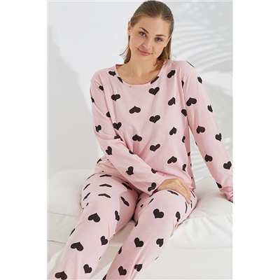 Siyah İnci somon kalp desen Curve Büyük Beden Battal boy Pamuklu Pijama Takımı TYCPI7TEPN169424891918629