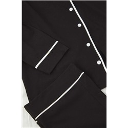 Siyah Biye Detaylı Gömlek Yaka Örme Pijama Takımı
