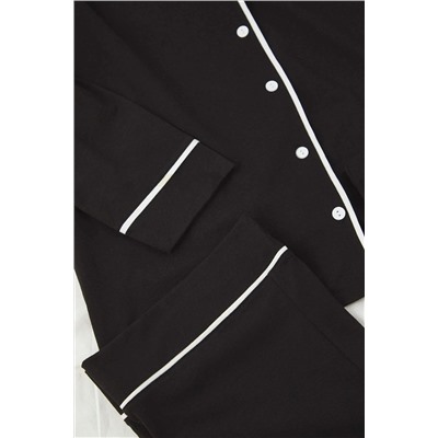 Siyah Biye Detaylı Gömlek Yaka Örme Pijama Takımı